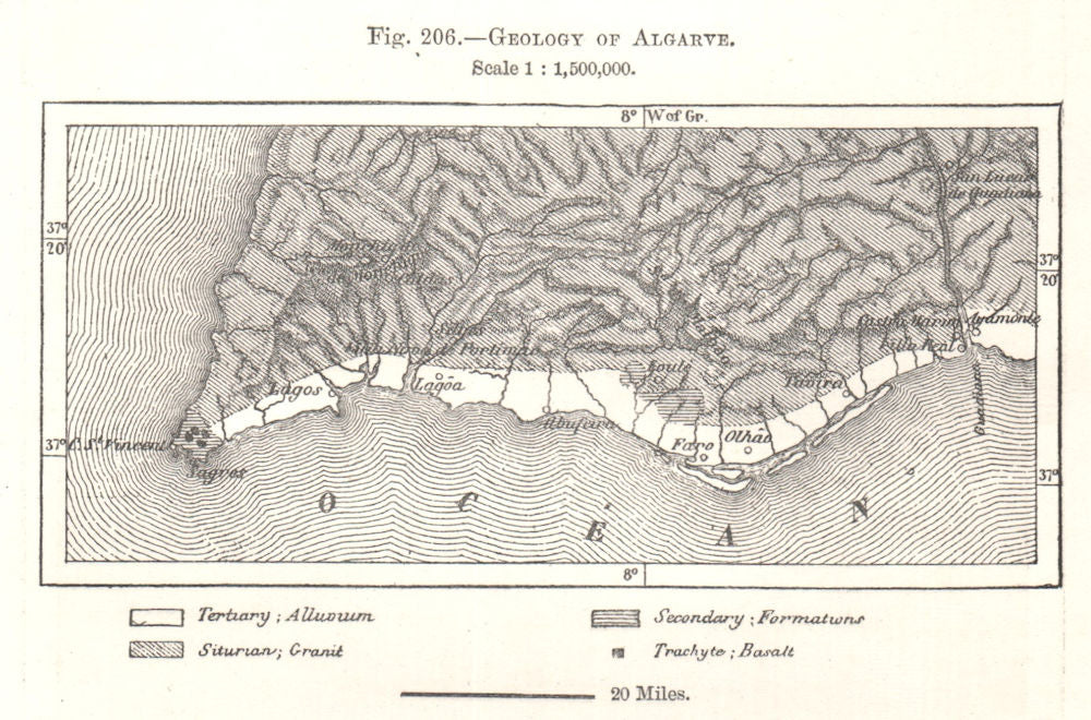 Geology of Algarve. Portugal. Sketch map 1885 old antique plan chart